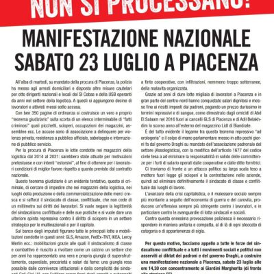 volantino manifestazione Piacenza 23 luglio